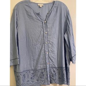 J Jill Linen Eyelet Blouse, Light Blue, 3/4 length sleeves, 1X
